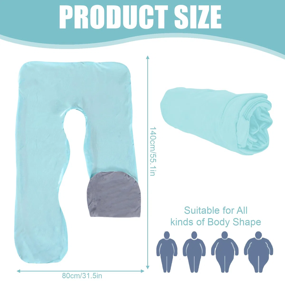 Funda para cojín de embarazo en forma de U: funda de almohada de algodón desmontable, funda de repuesto para cojín corporal para adultos, lavable a máquina, 140 x 80 cm (Azul claro + Gris)