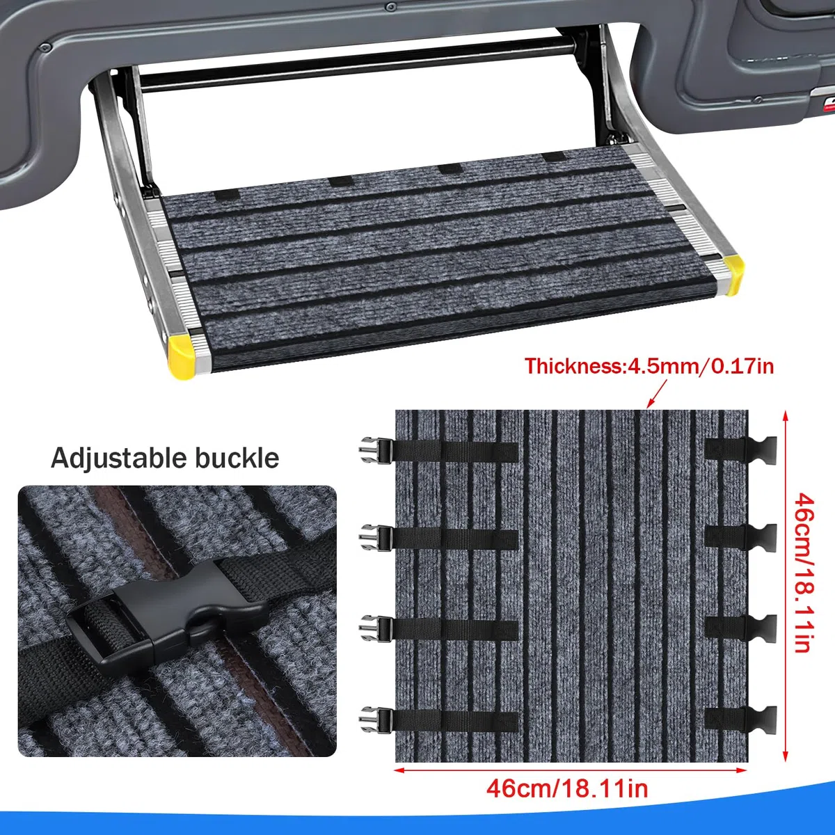 Alfombrilla para Escalones de Autocaravana Alfombra Peldaño Caravana Escalera para Autocaravana Alfombrilla Escalón RV Cubiertas para Escalones Mats Escaleras Antideslizante con Hebillas Ajustable