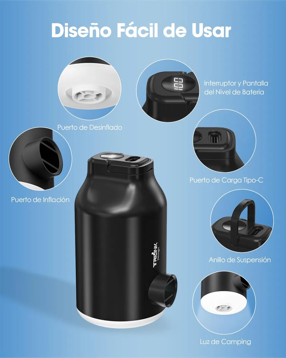 Bomba de Aire Eléctrica para Bolsas Vacío Ropa, Hinchador Colchon Inflable - Mini Portatil, Luz LED, Inflado & Desinflado Rápido con 5 Boquillas para Camas Hinchables, Piscina Hinchable