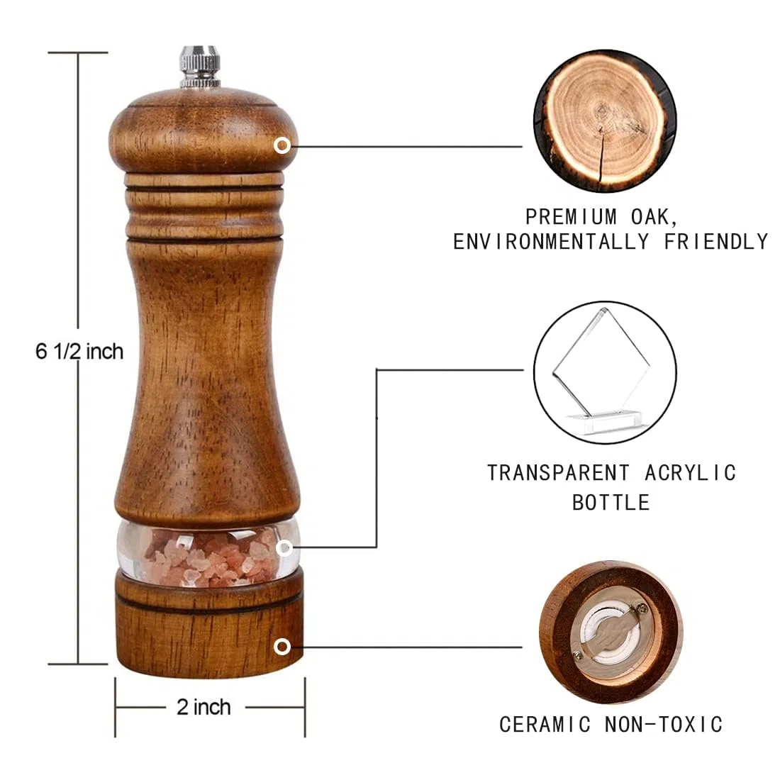 2 Piezas Molinillos de Pimienta, Molinillo de Sal y Pimienta Manual de Madera con Ventana Acrílica Transparente,para Pimiento, Sal Gorda, Hinojo（Con 2 accesorios de rotor cerámicos）