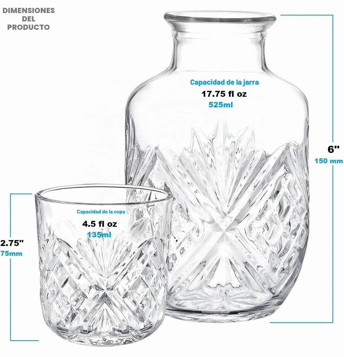 Juego de jarra y vaso de cristal para mesita de noche, jarra de noche de cristal y vaso, juego de jarra de agua de 2 piezas y taza de noche (525 ml)