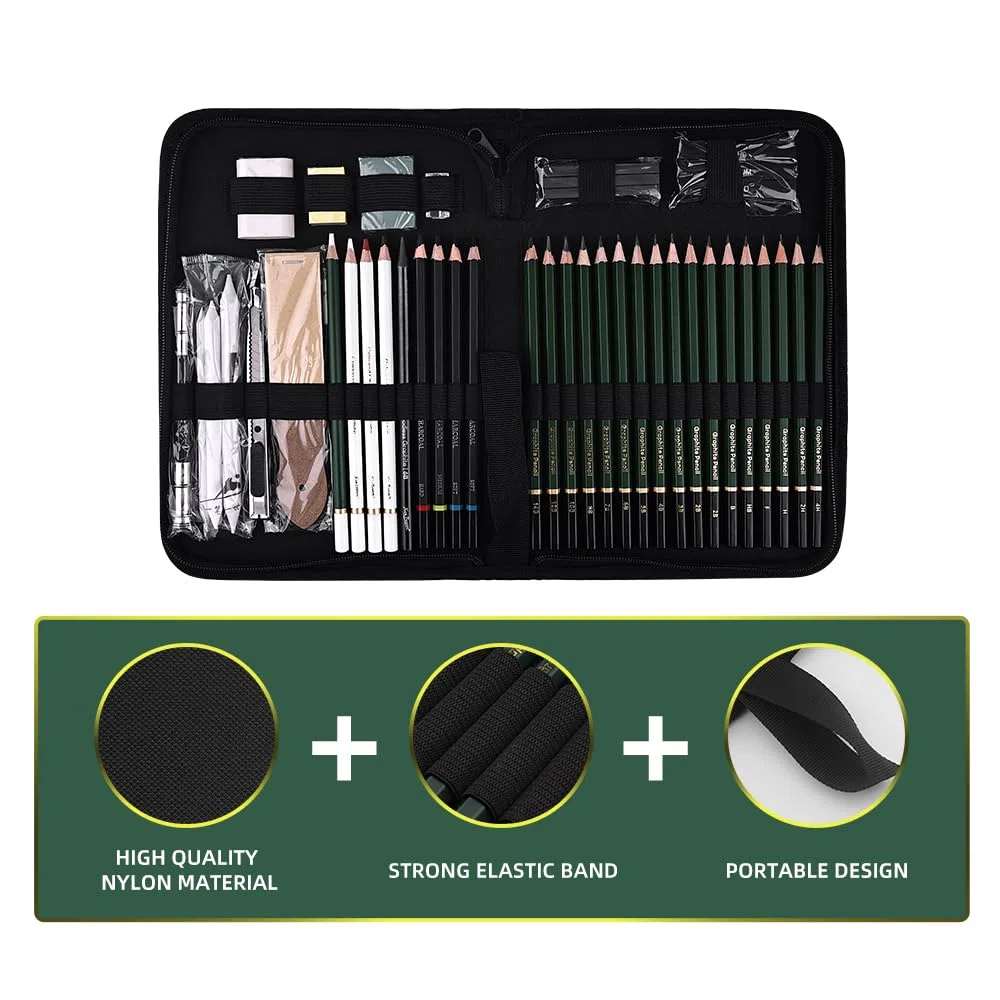 Juego de 43 Lápices de Dibujo Profesional, Set de Dibujo en Carboncillo Incluye Lápices de Carbón Lápices de Boceto, Goma de Borrar y Palo de Carbón, Perfecto para Artistas y Principiantes