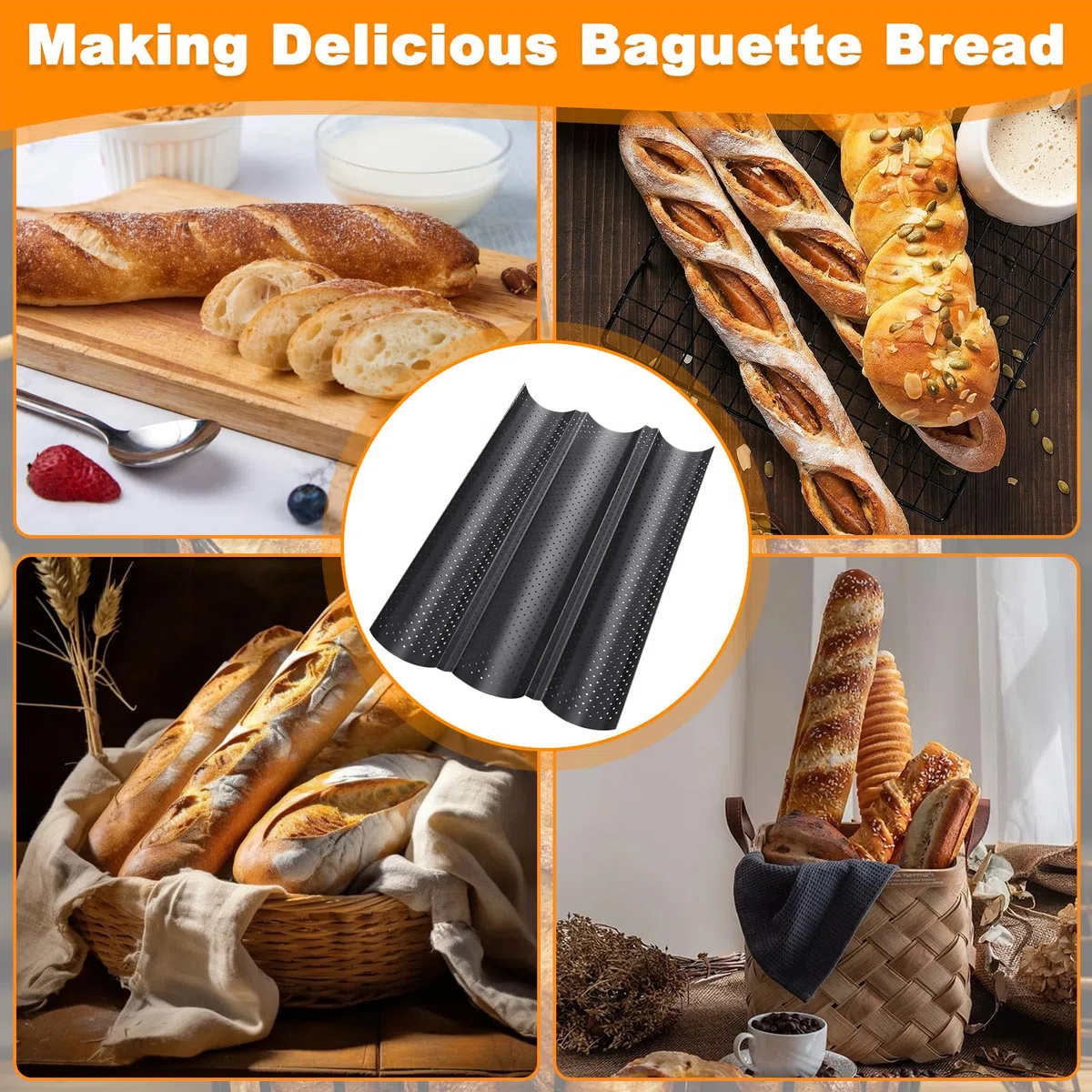 Moldes Baguette con Recubrimiento Antiadherente, Molde Barras Francesas Acero Carbono, Bandeja Pan Francés Perforado 38 x 24,5 cm, Accesorios Hornear Baguettes para Panaderías Doméstico (Negro)