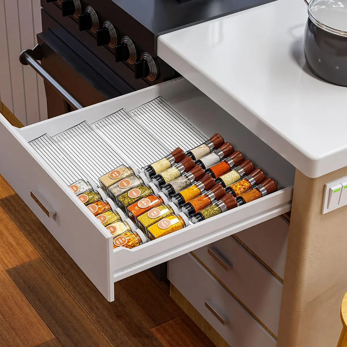 Seasoning Rack, Expandable Organizer, Drawer Storage Tray, Multi Tiered Cooking Condiment Holder for Apartment, Cabinet, Rental House, Restaurant, Pantry Use, Polystyrene White