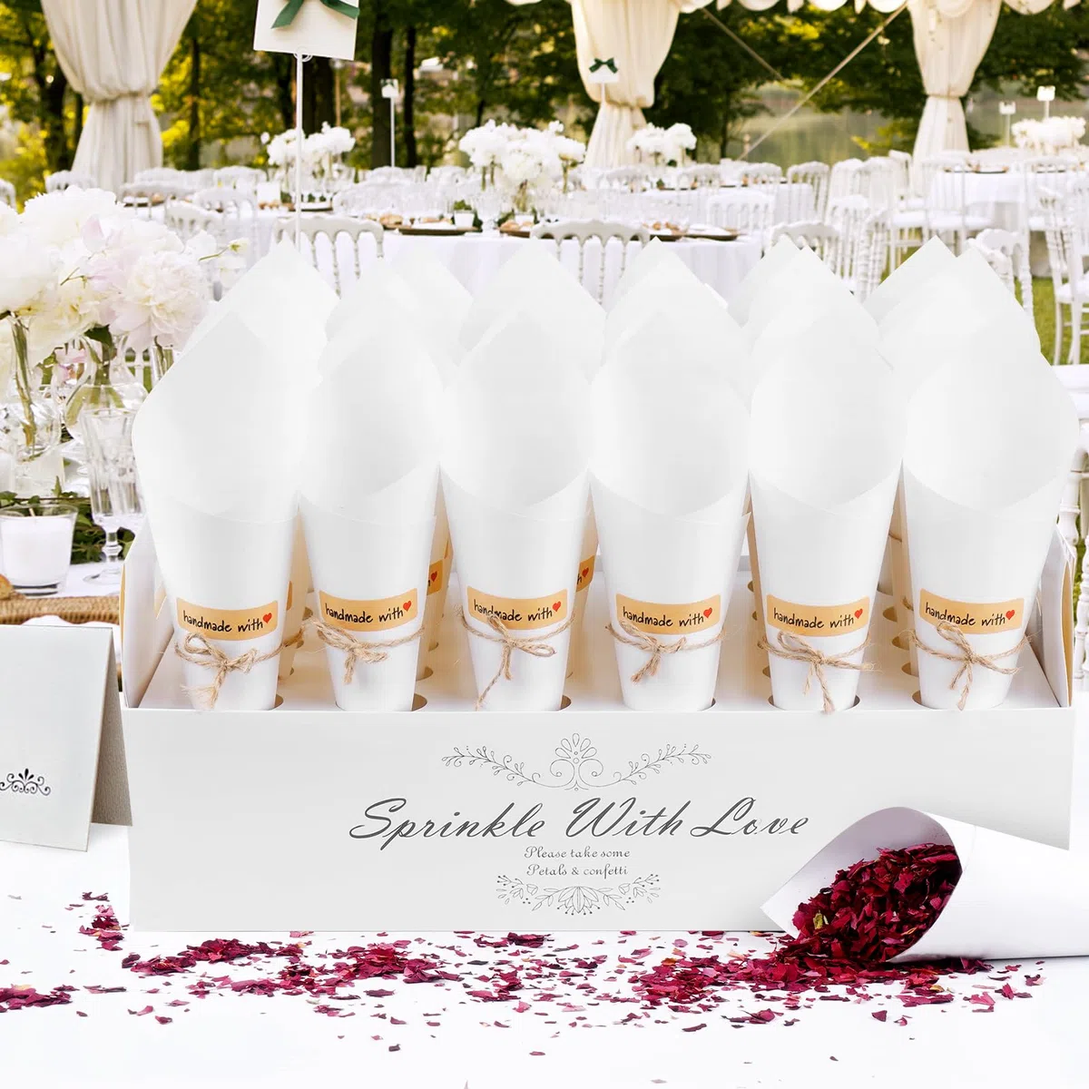 60 Piezas Conos Arroz Boda, Cono Papel Kraft Boda con 2 Caja Soporte Cucuruchos de Papel para Bodas, Conos de Confeti para Decoración Fiesta Ceremonia, Blanco