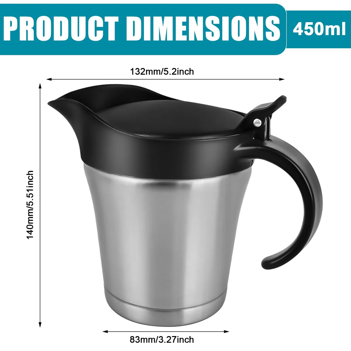 Jarra de salsa de acero inoxidable 304, 450 ml: jarra para salsas con tapa negra, doble pared para salsa de carne, elegante jarra térmica plateada para salsas de fiesta (negro/plata)