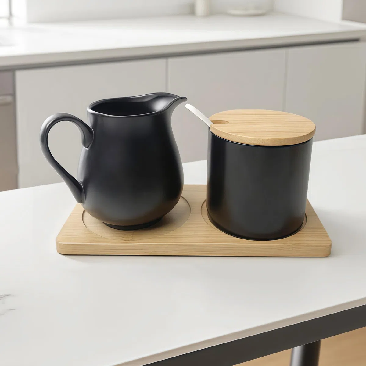 Juego de 2 piezas de leche y azúcar con tapa y cuchara: cerámica, negro mate, cuenco elevado, juego de servir de cerámica, apto para microondas y lavavajillas, para cocina y bar de café