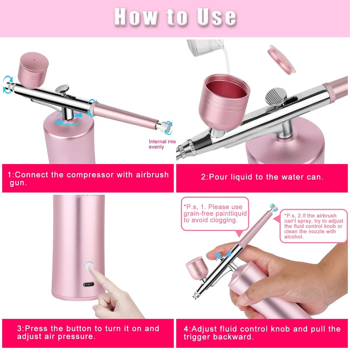 Aerógrafo Kit Completo, Viafexna Compresor Aerógrafo De Alta Presión, Inyector De Oxígeno, para Hidratación de la Piel, Arte de las Uñas, Tatuaje, Pintura, Maquillaje, Torta, Corte de Pelo
