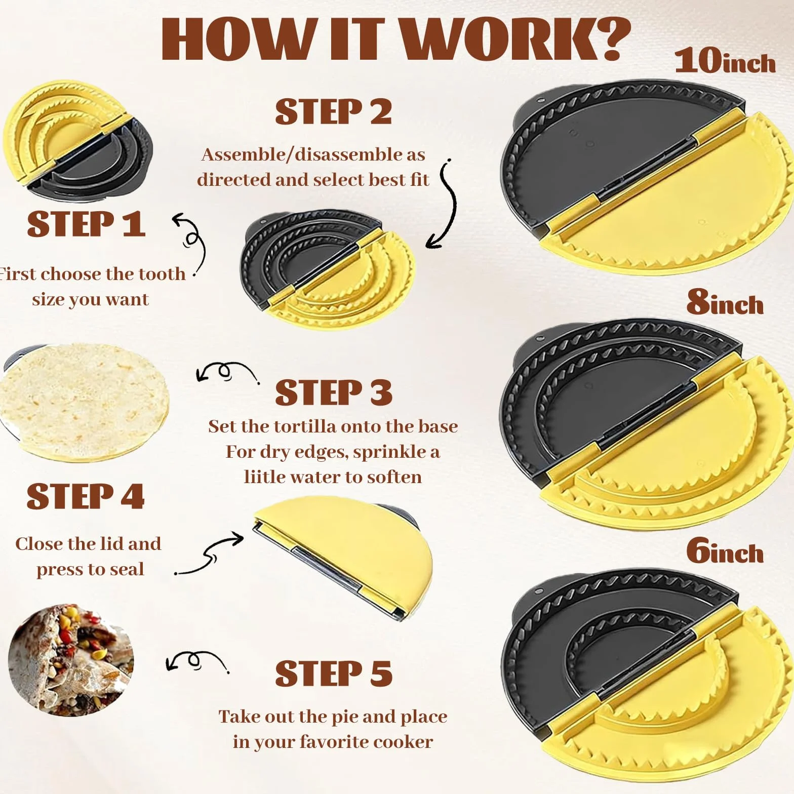3-en-1 Prensa de Tortillas, Sellador de Tortillas Desmontable de 15,2–20,3–25,4cm, Quesadillera, Prensa para Empanadas, Amarillo & Negro