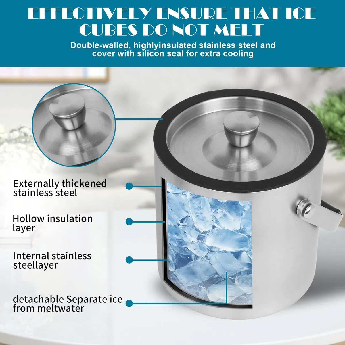 1.6 L Cubiteras Acero Inoxidable, Cubitera Hielo con Tapa, Pinzas y Rejilla de Goteo,Cubiteras para Hielo con Tapa para Fiestas,Cerveza,Cócteles,Vino Frío