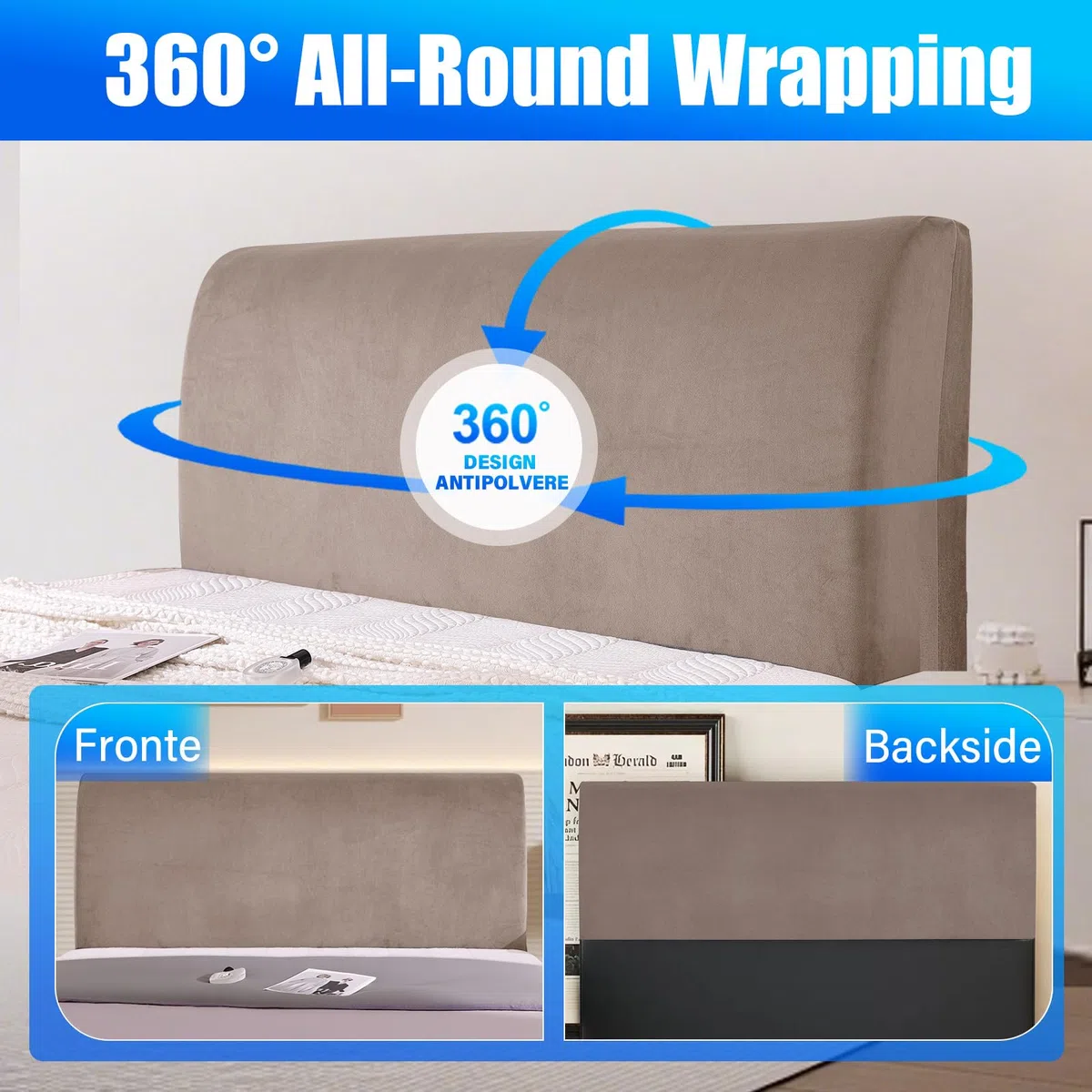 Terciopelo Funda Cabecero Cama, Protector De Cabecero De Cama A Prueba De Polvo, Desenfundable, Universales, Elástico, Tejido Suave, Decoración del Dormitorio(120cm, Caqui)