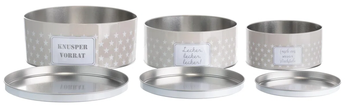 Brandsseller Juego de 3 latas para galletas de metal – redondas, apilables y con tapa – aptas para alimentos, ideales para guardar dulces, galletas y pastas navideñas – diseño estrellas gris