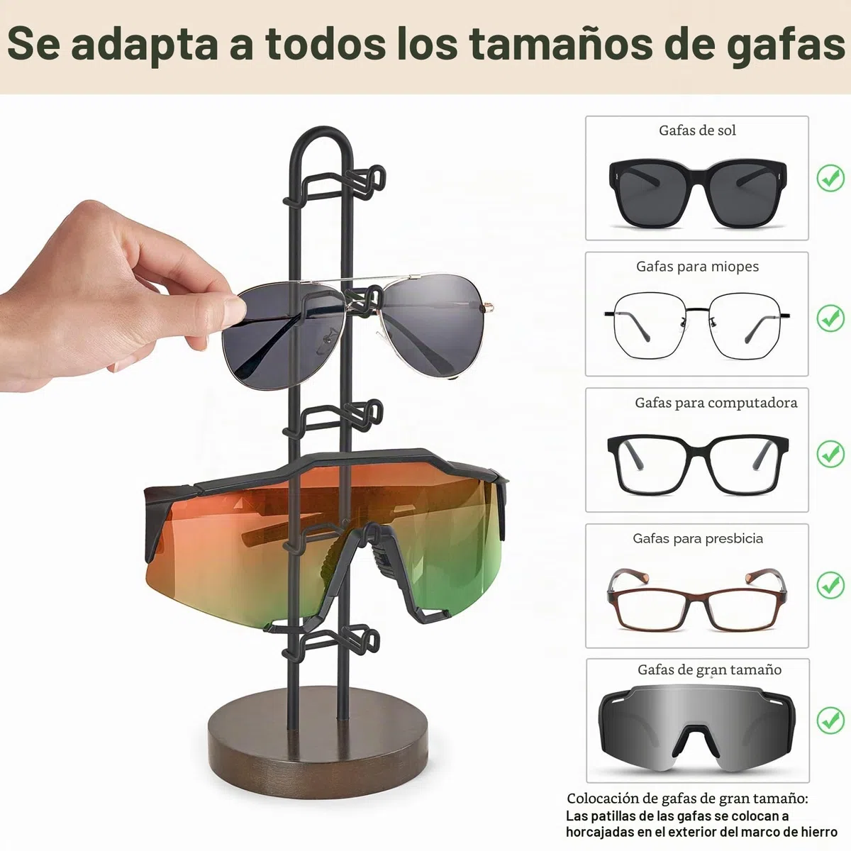 Mkono Organizador de gafas de sol, soporte para gafas de sol, soporte de almacenamiento de gafas de sol, marco de metal con base de madera para 5 pares de gafas para mesa, escritorio, encimera,