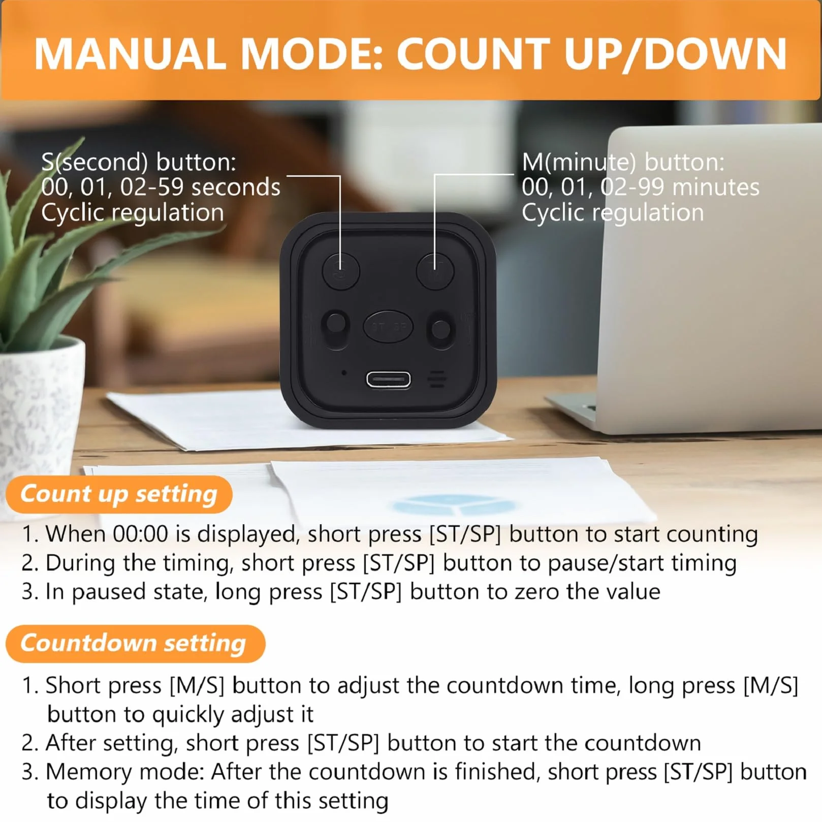 Cuteefun Cubo Temporizador, Pomodoro Timer Rotativo, 5/10/30/60 Minutos y Cuenta Atrás Personalizada, Temporizador Digital con Vibración, Alerta Sonora Ajustable para Cocina, Estudio, Reunión, Negro