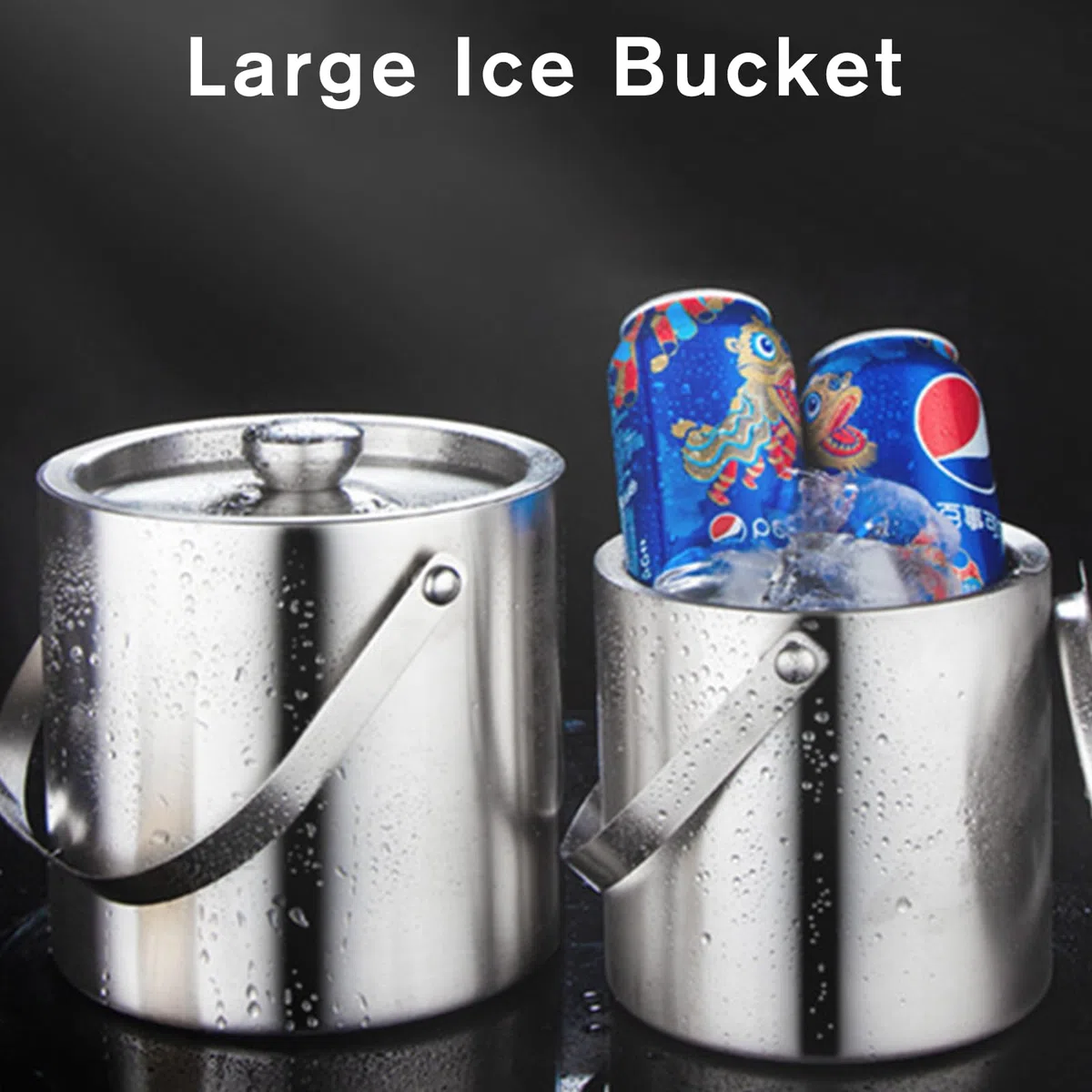Cubitera de acero inoxidable, cubo hielo de 1,6 l con diseño de doble pared, recipiente para cubitos, pala de hielo y pinzas, enfriador portátil