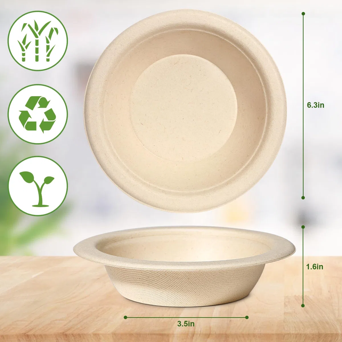 100 cuencos de cartón desechables, 350 ml, cuencos desechables desechables de caña de azúcar, cuenco redondo marrón compostable