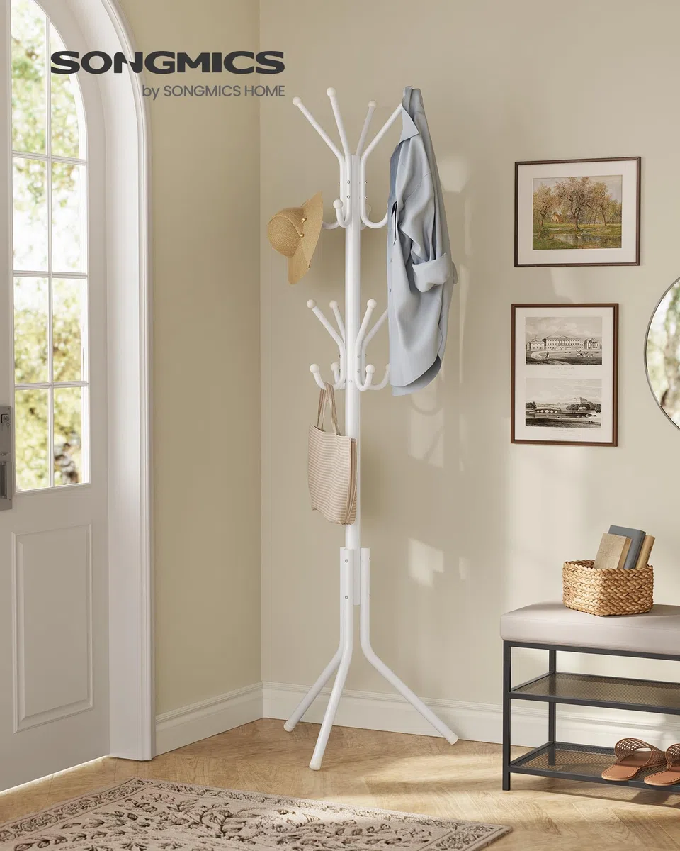 SONGMICS Perchero, Burro de Ropa de Metal, Perchero para Ropa, Bolsos y Sombreros, Altura 175 cm, con 16 Ganchos, para Recibidor, Salón y Dormitorio, Blanco Nube RCR081WC01