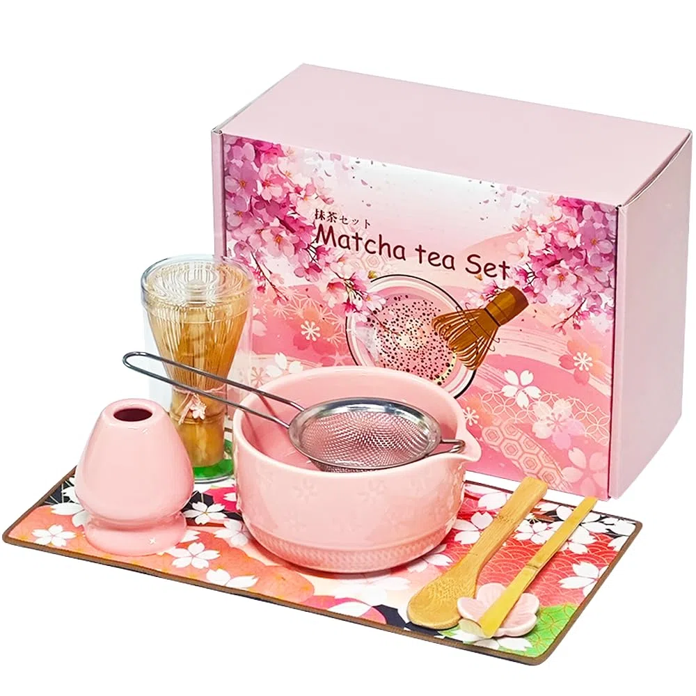 8 Piezas Matcha Kit,Accesorios de matcha,Batidor de Bambú con Soporte,Soporte para Chashaku,Tamiz, Cuchara de Madera,Cuenco con Pico Vertedor,Tela de té,Gente a la que le gusta beber té ﻿ (B)