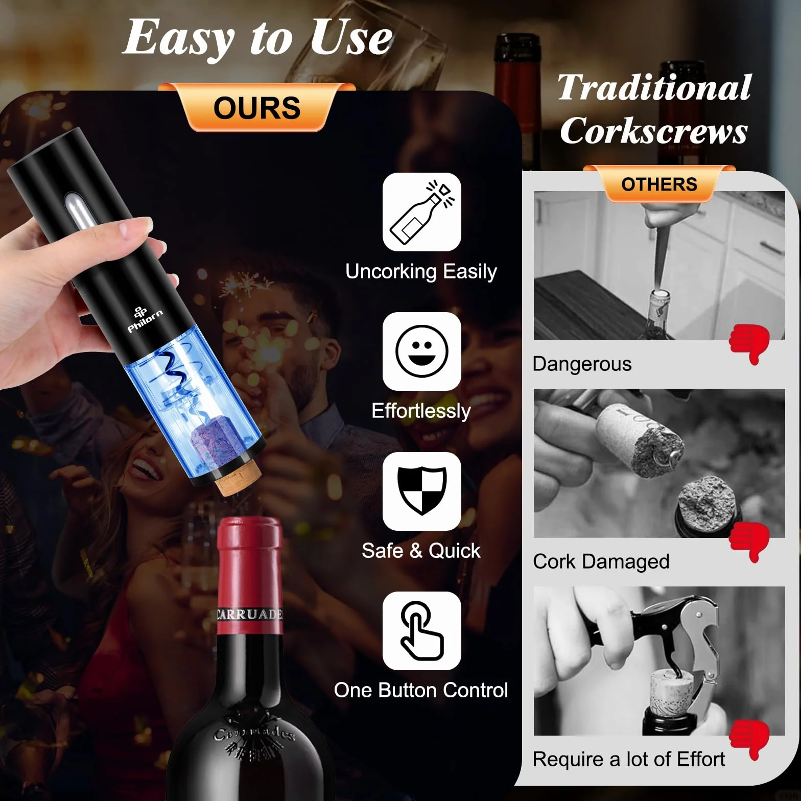 Philorn Abrebotellas de vino eléctrico, sacacorchos eléctrico automático, regalo para el hogar, fiesta, bar, al aire libre (abridor de vino eléctrico)