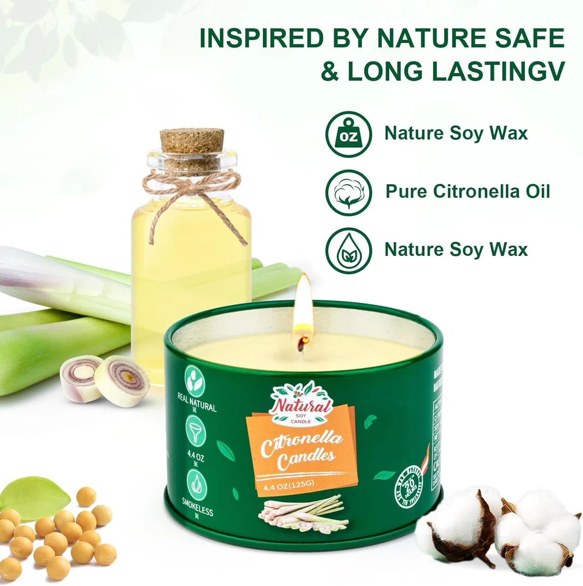 Velas de citronela para exteriores, 4 velas de citronela, para exteriores, 120 horas de combustión, vela de jardín, cera de soja natural, juego de velas aromáticas para camping, terraza, picnics