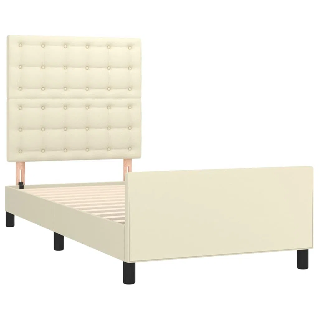 Estructura de cama con cabecero de 90 x 190 cm, de piel sintética, altura ajustable y estable, con láminas de madera contrachapada, para un sueño reparador, color crema