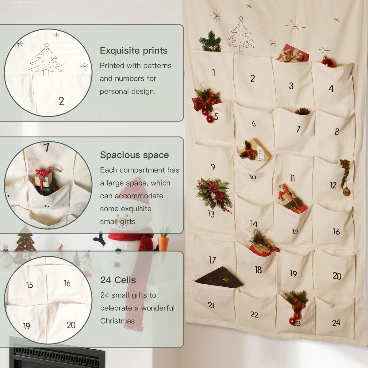 I LOVE MOM Calendario de Advento para llenar tela, 2025 calendario de cuenta atrás colgando con 24 bolsillos, regalo de fiesta de Navidad colgando o montando, decoración navideña reutilizable