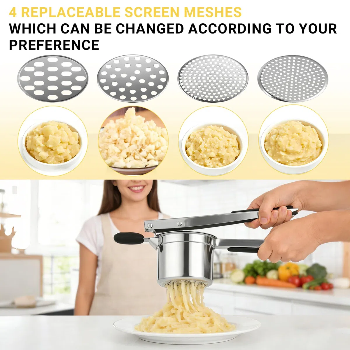 Machacador De Patatas Multiusos, Fabricado En Acero Inoxidable 430 y Equipado Con Cuatro Cuchillas Intercambiables, Ideal Para Preparar Puré De Patatas, Zumos y Mermeladas