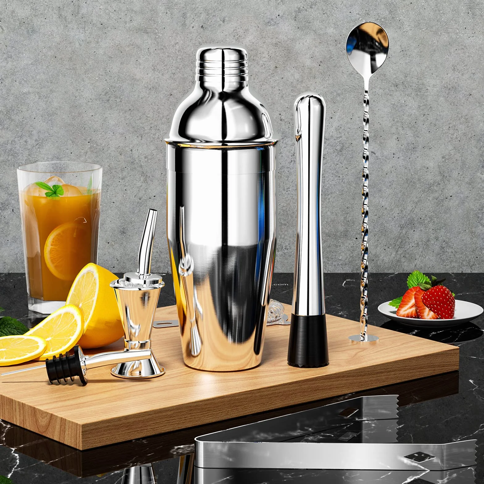 Newaner 750ML Coctelera, 8 piezas juego de Coctéles de acero inoxidable, profesional barman herramientas con colador, medidor, cuchara, vertedor, para mezclar bebidas, hogar, barra, fiestas (plata)
