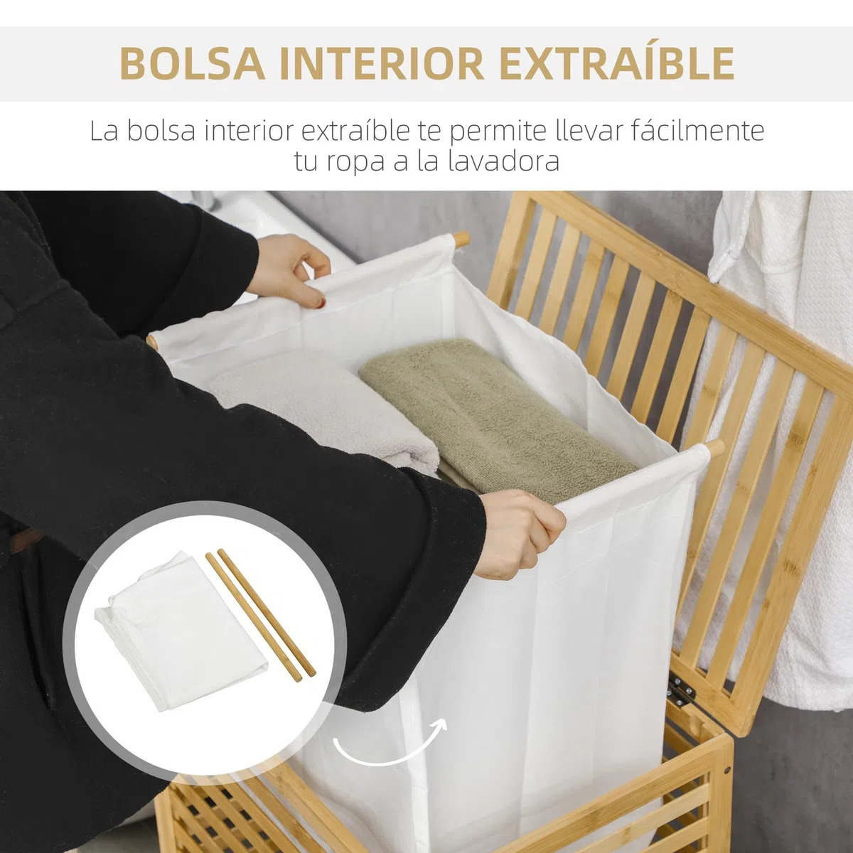 HOMCOM Cesto para Ropa Sucia de Bambú Capacidad de 55L Cesta para la Colada con Tapa 2 Asas y Bolsa Extraíble Forma Rectangular 50x36x60 cm Natural