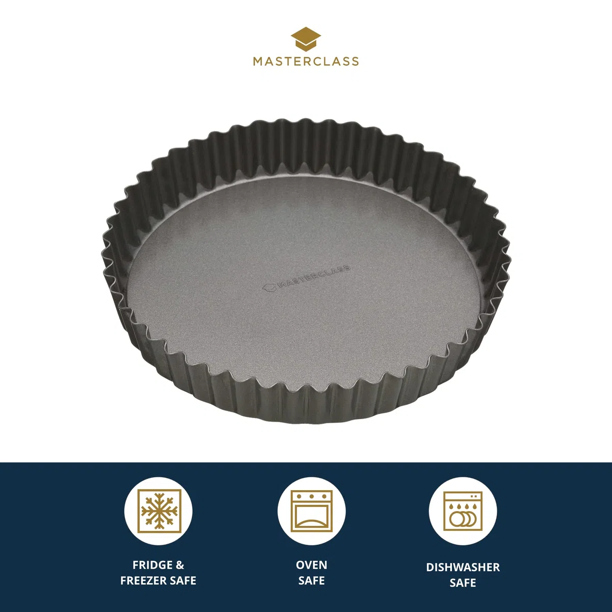 MasterClass Molde antiadherente para tartas y quiches, sin PTFE, PFOA ni BPA, de acero al carbono estriado de 1 mm de grosor, redondo de 25 cm (10"), gris