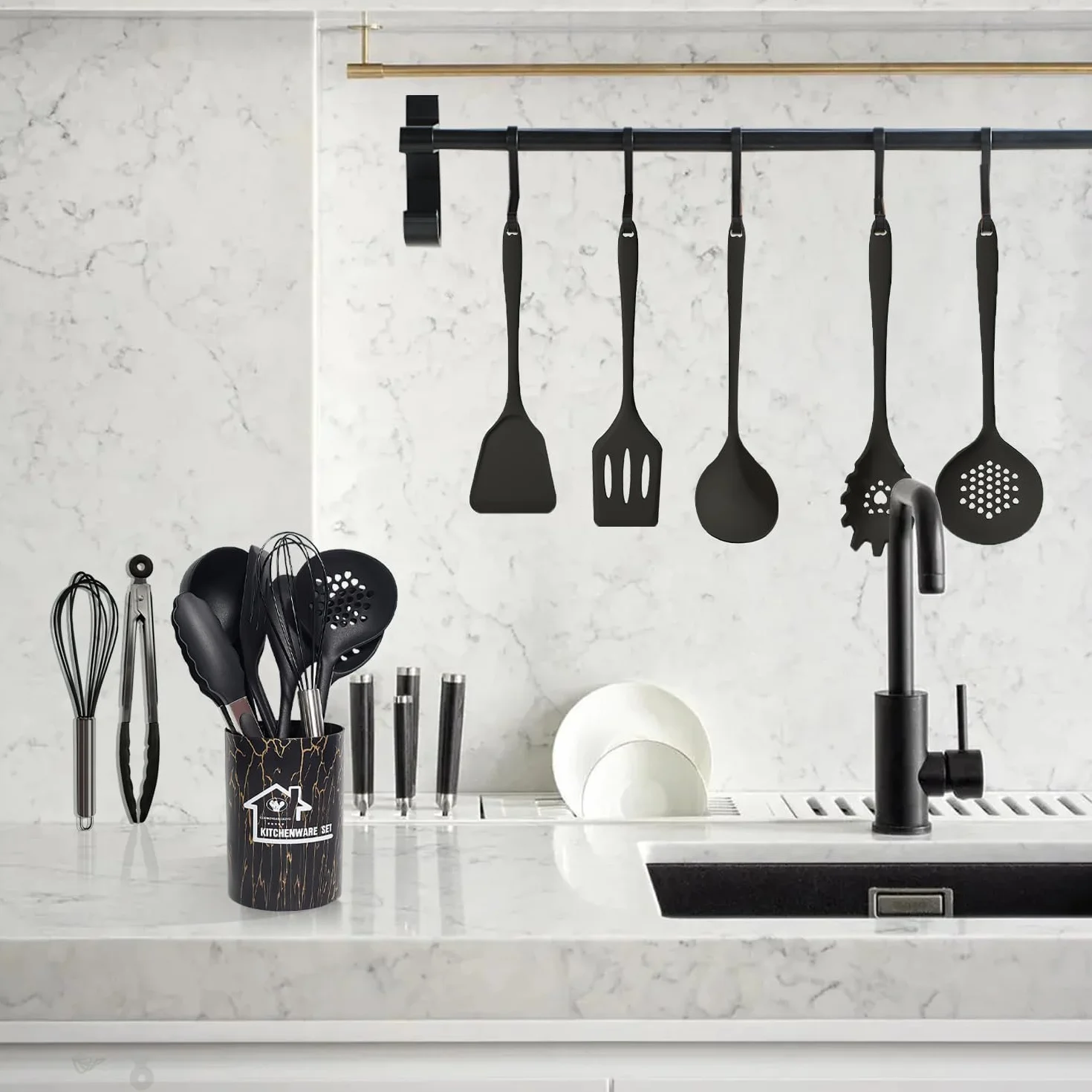 18 Piezas Utensilios de Cocina de Silicona Resistente al Calor Con Cubo para Guardar (Negro)