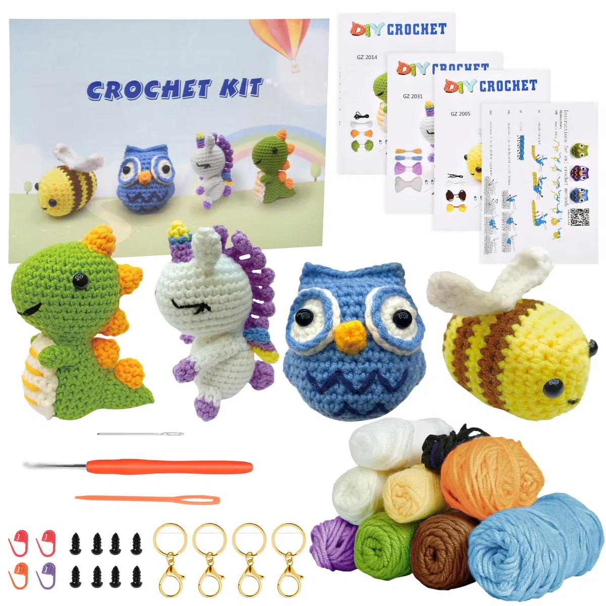 AUAUY Kit de Ganchillo para Principiantes, Juego de Animales de Ganchillo para Principiantes de 4 Piezas, Hilo, Ojos, Relleno,con Tutoriales en Video Paso a Pas, Perfecto para DIY y Tejido a Mano