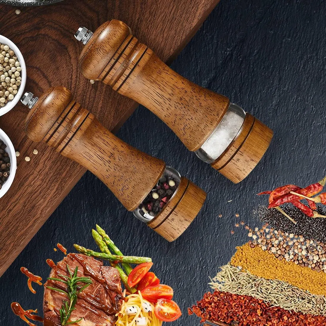 2 Piezas Molinillos de Pimienta, Molinillo de Sal y Pimienta Manual de Madera con Ventana Acrílica Transparente,para Pimiento, Sal Gorda, Hinojo（Con 2 accesorios de rotor cerámicos）