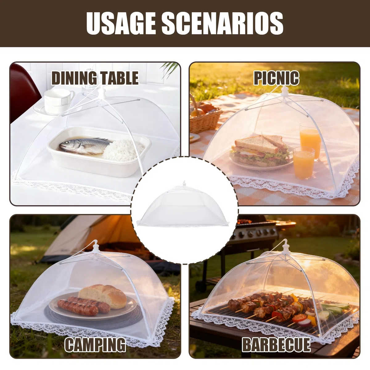 Juego de 6 cubiertas para moscas plegables para alimentos, reutilizables, antimoscas para cocina, pícnic y jardín, red de frutas, para proteger frutas y pasteles, 32 x 32 cm