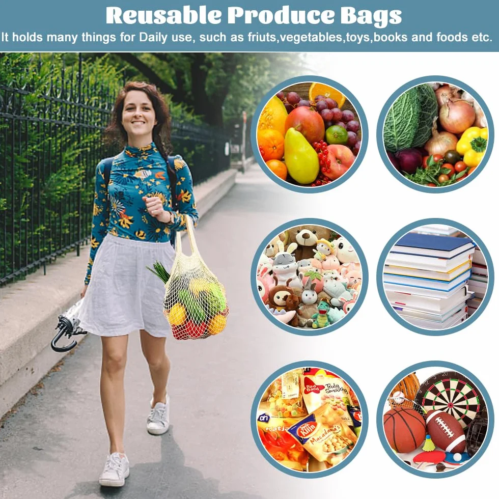 NAROSEBE 6 Pcs Bolsas de Red para Compra Bolsas Ecologicas para Fruta 6 Color Bonito Bolsa de Red de Almacenamiento Algodón Bolsa Malla Playa Lavables y Reutilizable, 60 * 40cm Plegable, Carga 5kg