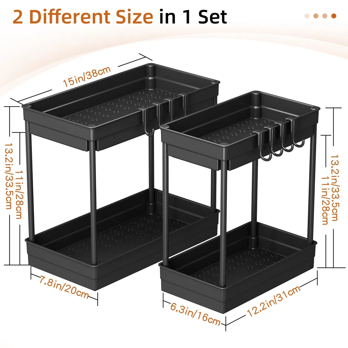 TidyTrove 2 Paquete Organizador Bajo Fregadero - Organizador Cocina 2 Niveles para Debajo del Fregadero,Organizador Baño con 8 Ganchos,Negro
