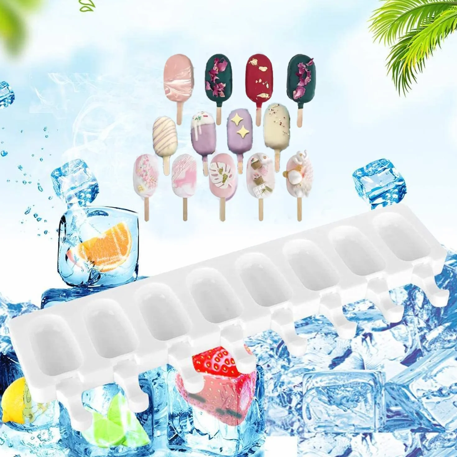 Molde helado,Kmolde helados silicona con palo,Moldes helados silicona 2 Unidades 8 Cavidades Con Aplicar para Hacer forma de helado,Postre Chocolate Helado Pastel de piruletas molde helados