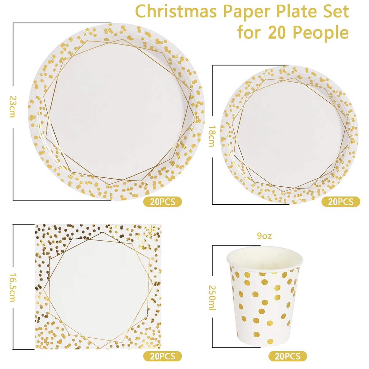 Conjunto de vajilla en color blanco dorado, compuesto por 80 piezas: incluye platos, vasos de papel y servilletas, ideal para fiestas de cumpleaños, banquetes y otras ocasiones-20 Invités