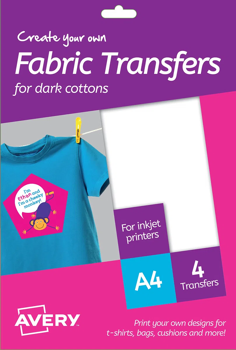 Avery España MD1003, Papel de trasferencia térmica para camiseta, masarilla y tejido oscuro Din A4, Para Impresoras de Inyección de Tinta Inkjet