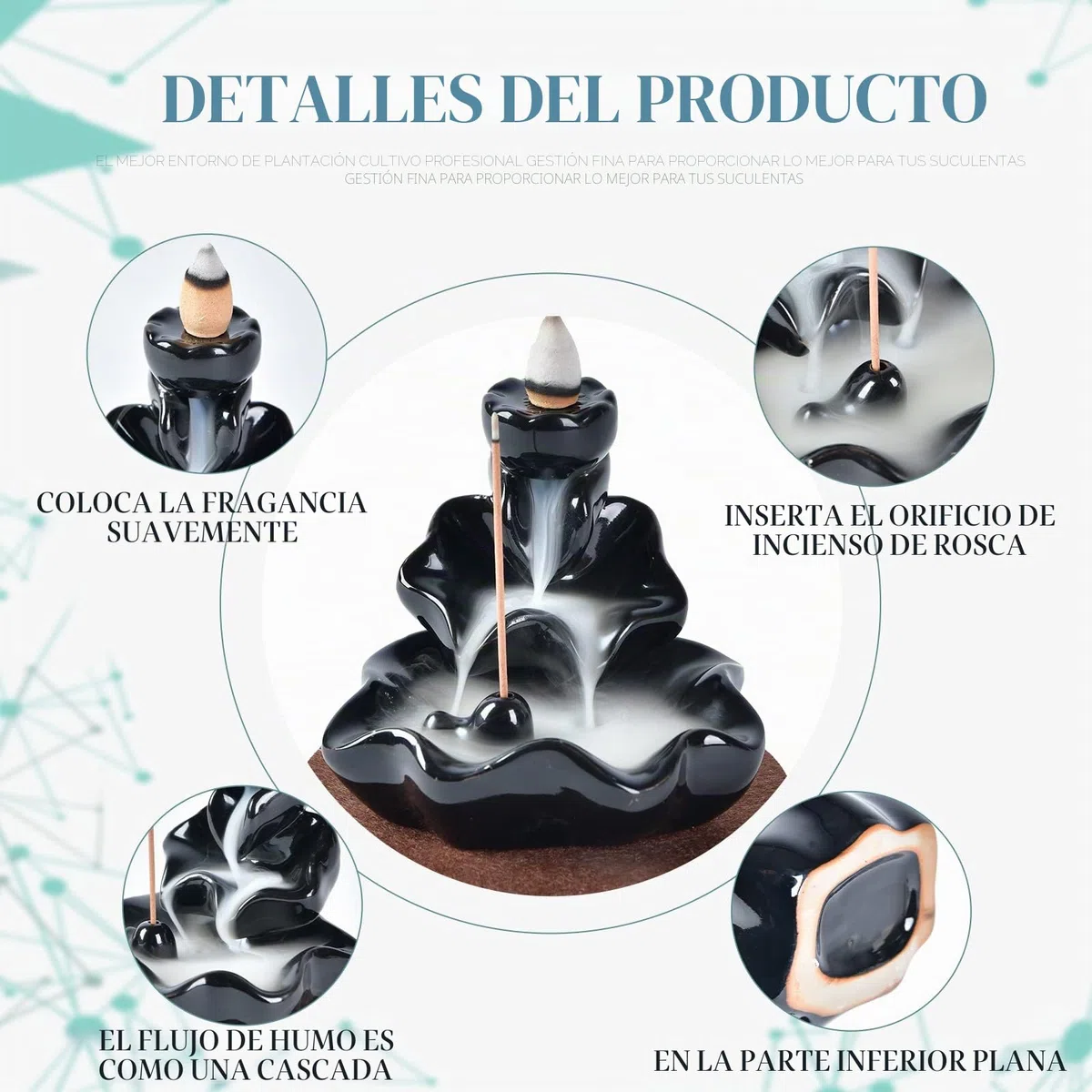 Portaincienso de Descarga Cascada con 20 Conos de Incienso de Descarga, Quemador de Soporte de Cono de Incienso de cerámica para el hogar