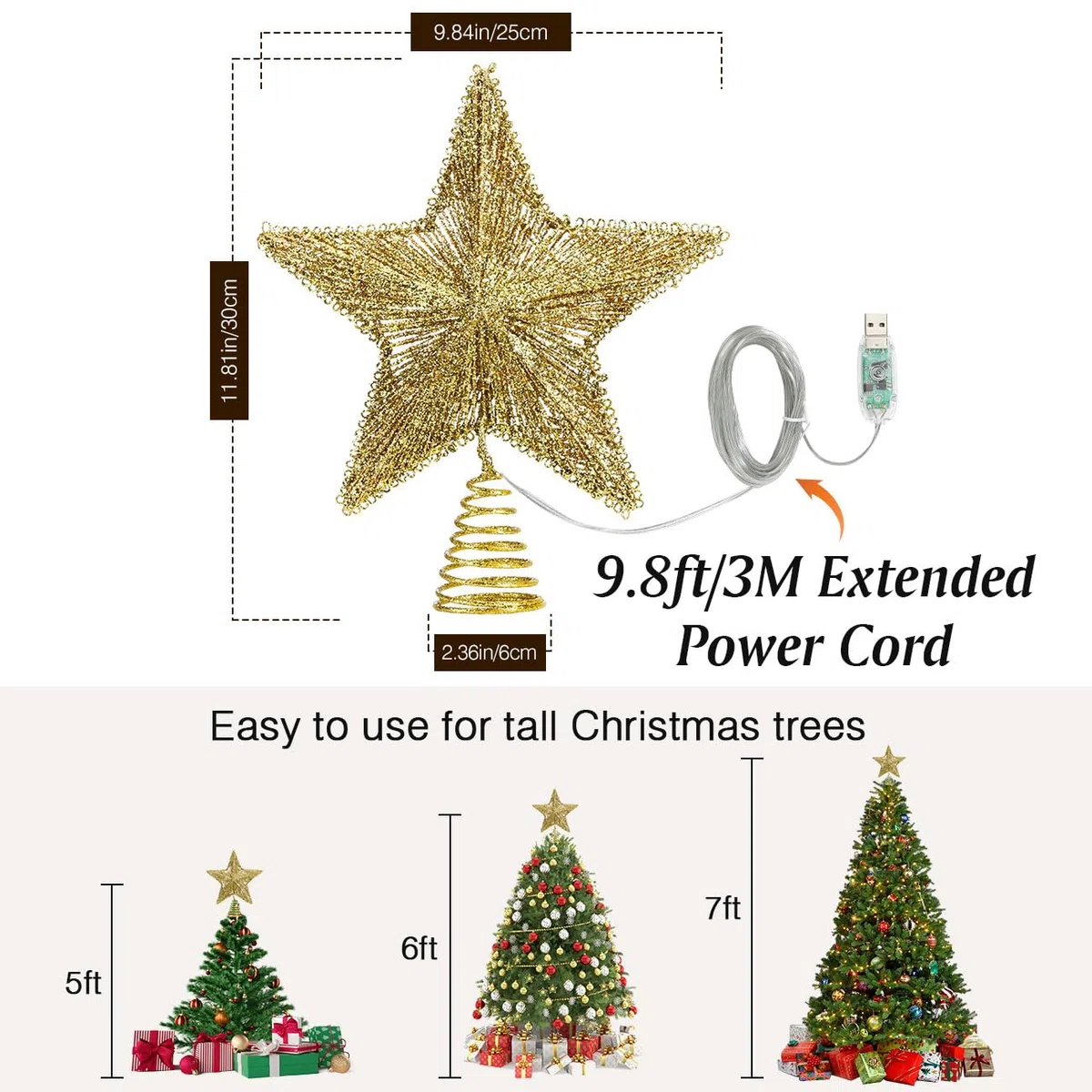 Estrella de Cinco Puntas para Árbol de Navidad, Adorno Brillante con Luces LED USB y Mando a Distancia, Oro