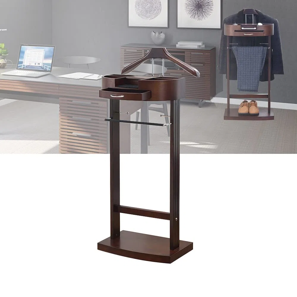 RajoNN Perchero para Trajes, Perchero con cajón y Estante, Perchero de Madera para Trajes, Perchero con Barra Antideslizante para Pantalones, Perchero de pie
