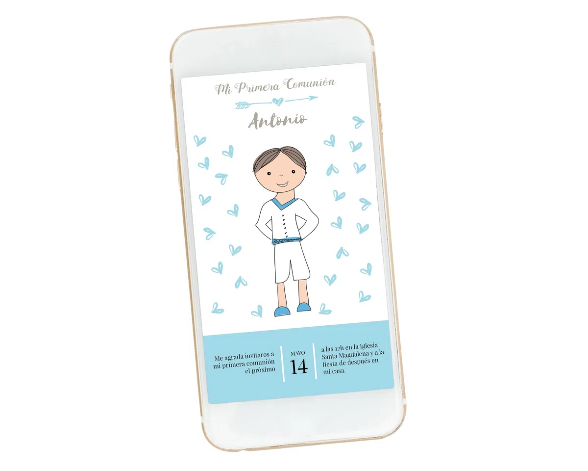 Invitación Primera Comunión Niño Digital Personalizada – Invitación Animada GIF para WhatsApp, Diseño Niño con Corazones Azules, Envío por Email 24h