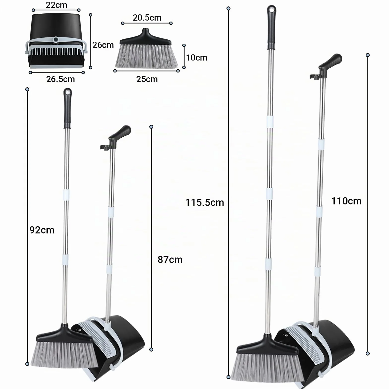 Escoba y Recogedor Plegable 138 cm Plástico Acero Inoxidable Mango Telescópico 8 Piezas Negro Blanco
