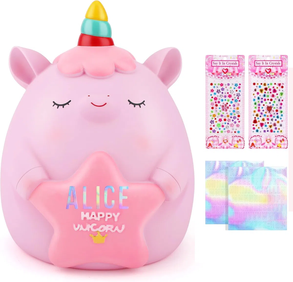 TCJJ Hucha De Unicornio para Niña, 2 Alfabeto Y 2 Calcomanías De Diamantes De Imitación, Juego De Pulsera, Regalos para Niñas