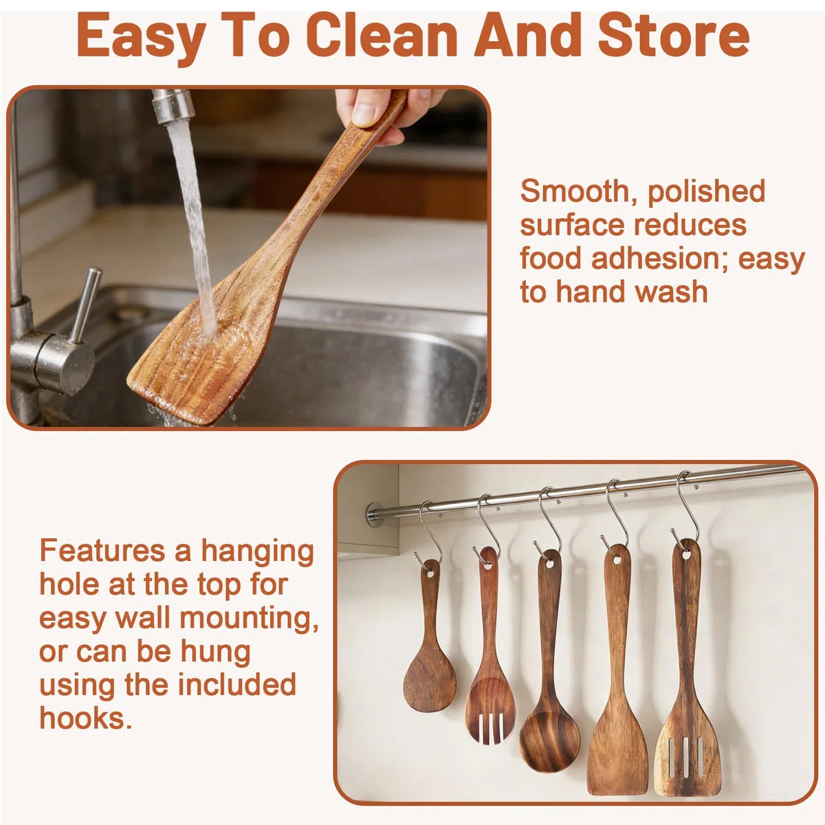 Juego Utensilios de Cocina Madera Acacia 5 Piezas con Espátula Cucharón Cuchara para Arroz Tenedor de Ensalada Compatible con Sartenes Antiadherentes incluye 5 Ganchos para Cocina Hogar