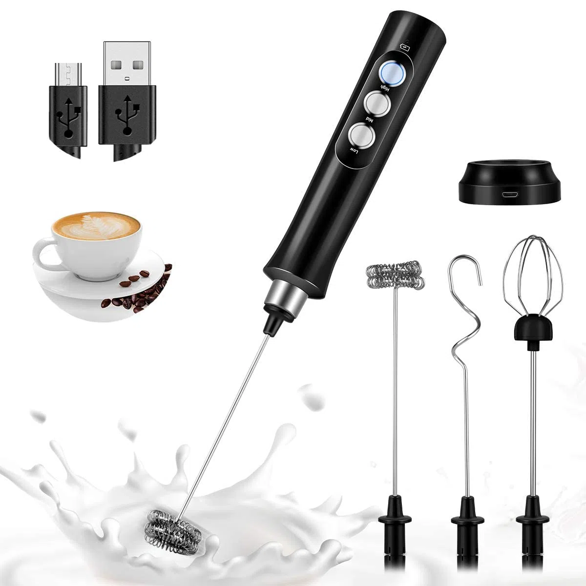Bauihr Espumador de Leche USB, Espumador leche electrico, Regulable en 3 velocidades, con 3 Batidores de Acero Inoxidable, para Cafe, Matcha,colacao