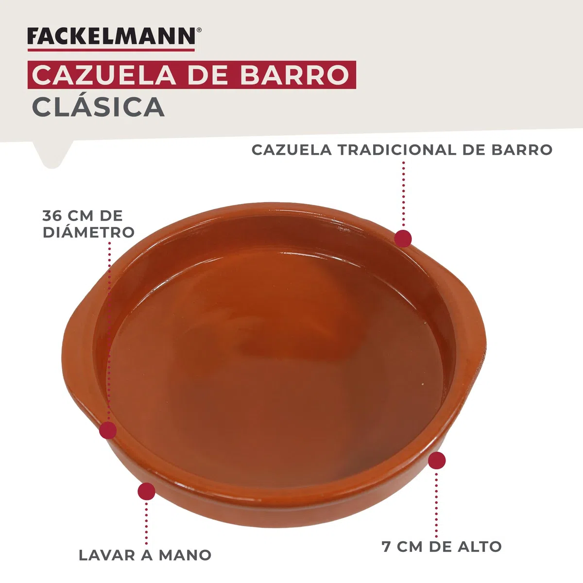 Fackelmann Cazuela de Barro Tradicional, Cazuela de Cerámica Rústica, Apta para Cocina de Gas y Eléctrica, Microondas y Horno, Color Natural, 36 cm Diámetro, Borde 7 cm, 1 ud.