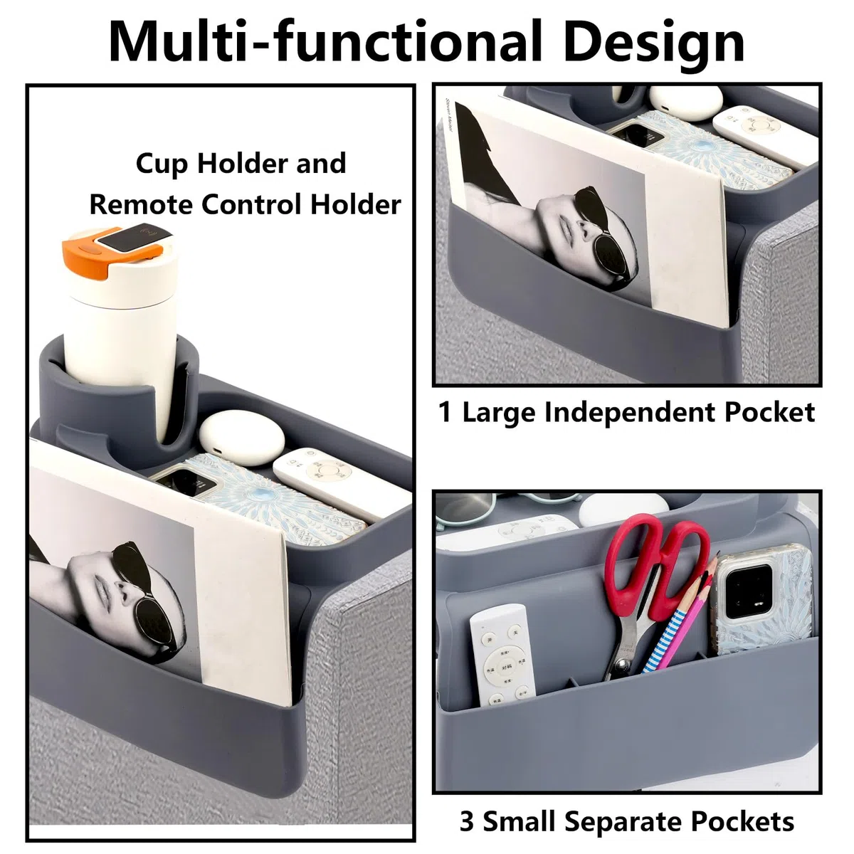 Bandeja para sofá con reposabrazos con soporte para bebidas, bandeja antideslizante para sofá con dos bolsillos laterales y soporte para teléfono, plegable de silicona, organizador de sofá