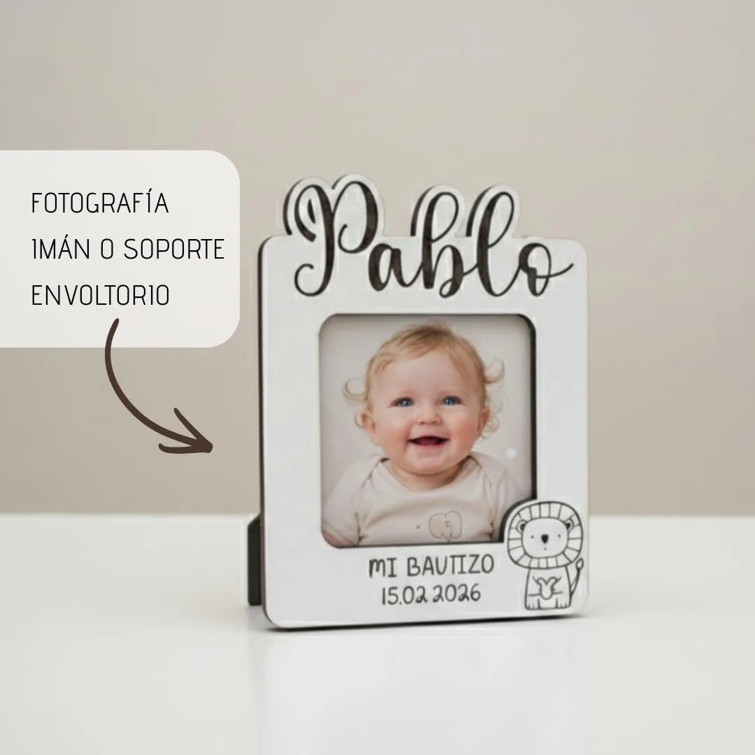 Genérico Lote 5 unidades. Marco de Fotos Personalizado con imán, personalizado para Bautizo, Comunión, Cumpleaños, Boda | Portafotos Imán de Madera con diseño personalizado, regalos para invitados